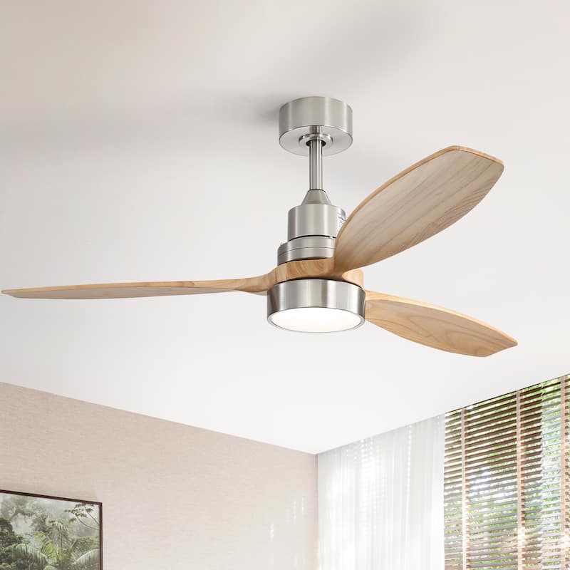 52" Farmhouse Style Wood Walnut Ceiling Fan With Lights and Remote Control, Dimmable LED Optional - Nickel with Natrual wood Blades