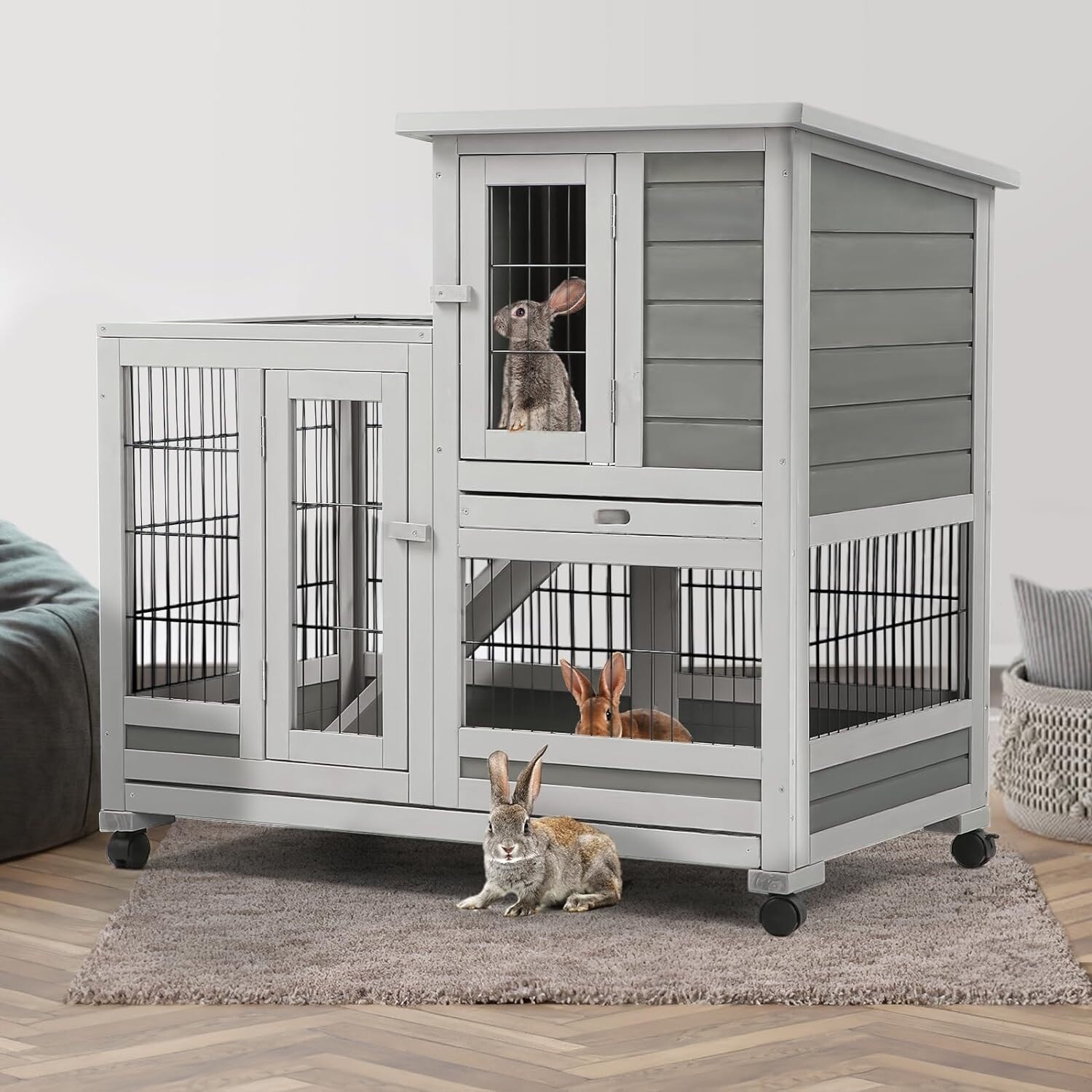 AECOJOY Indoor Wooden Rabbit Hutch Pet House for Small Animals with Run 35 Inches
