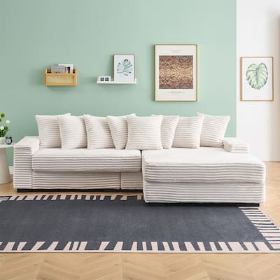 111.4 " L-Shaped Corduroy Sofa with 8 Throw Pillows and Footstool