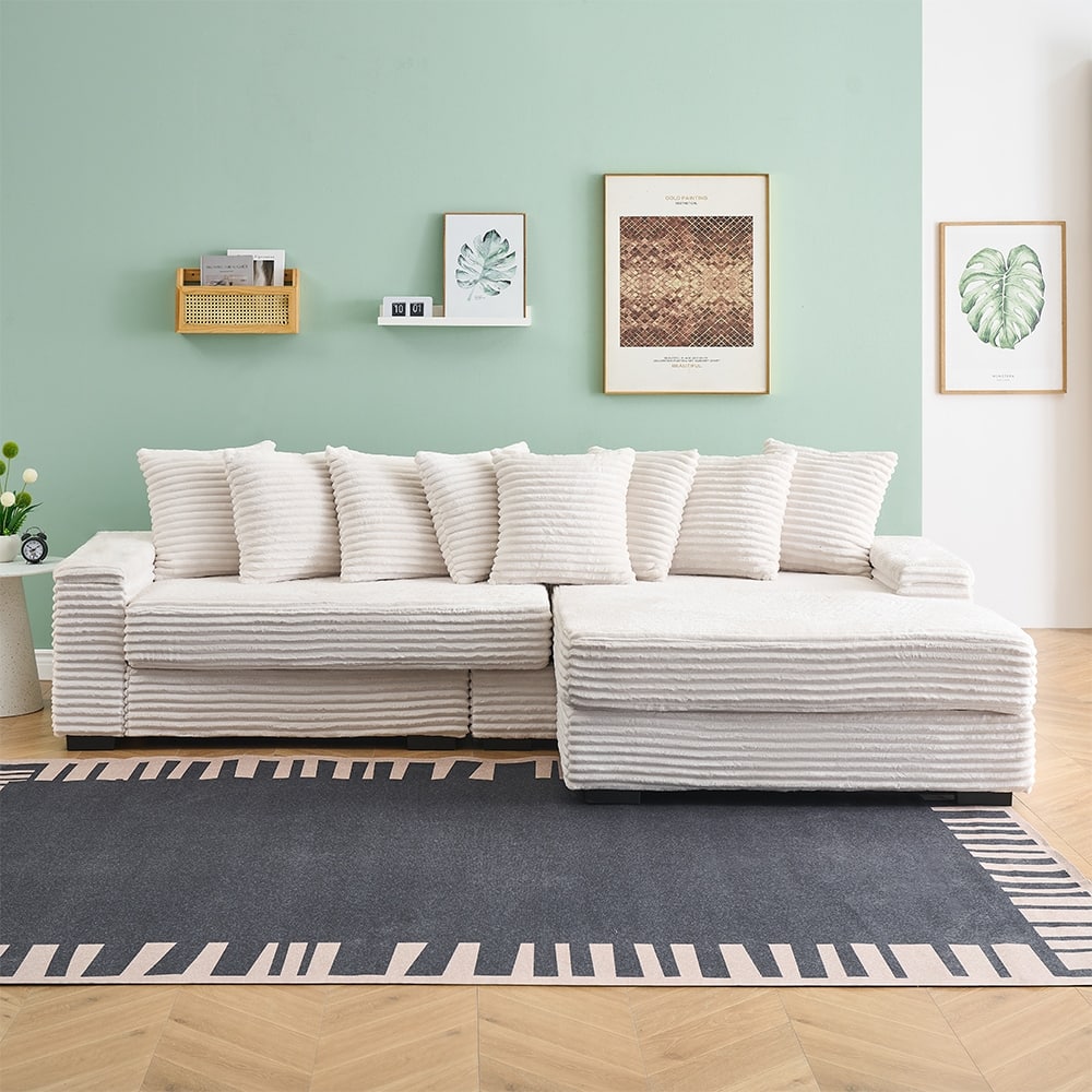 111.4 " L-Shaped Corduroy Sofa with 8 Throw Pillows and Footstool
