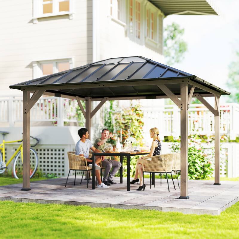 Outsunny 10' x 12' Hardtop Gazebo with Galvanized Steel Roof, Wood Permanent Pavilion Canopy Shelter with Clear Roof Top - Grey
