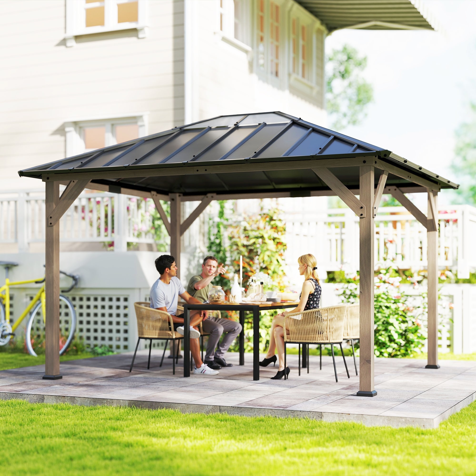 Outsunny 10' x 12' Hardtop Gazebo with Galvanized Steel Roof, Wood Permanent Pavilion Canopy Shelter with Clear Roof Top