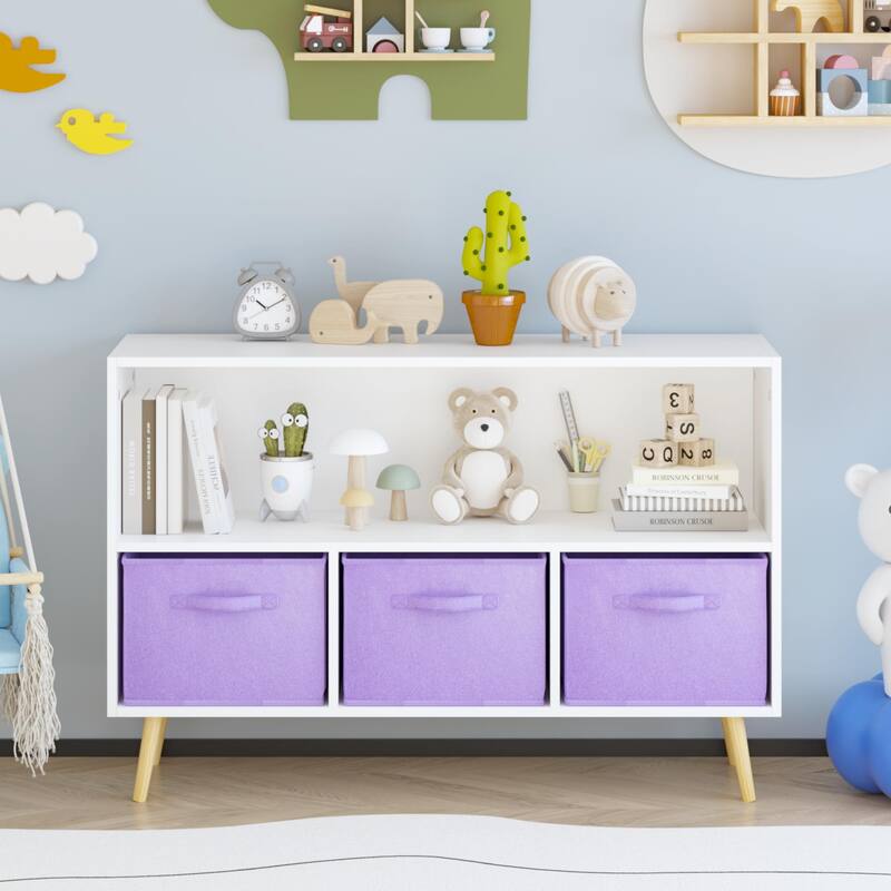 Kids Bookcase With Collapsible Fabric Drawers, Children'S Book Display, Toy Storage Cabinet Organizer,White/Purple