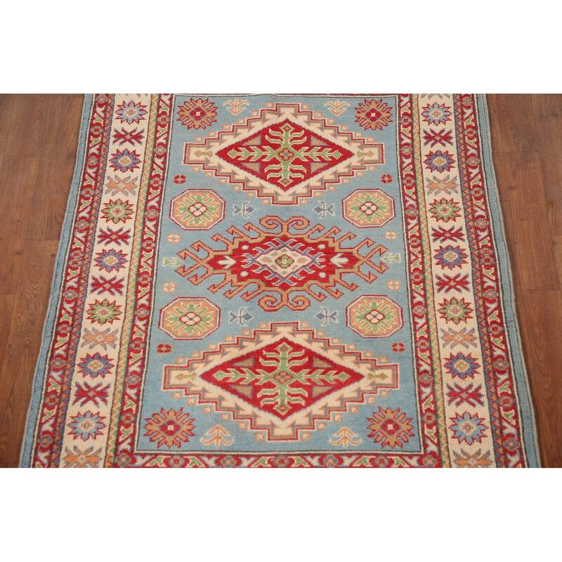 Light Blue Kazak Accent Rug Handmade Wool Carpet - 3'4"x 4'9"