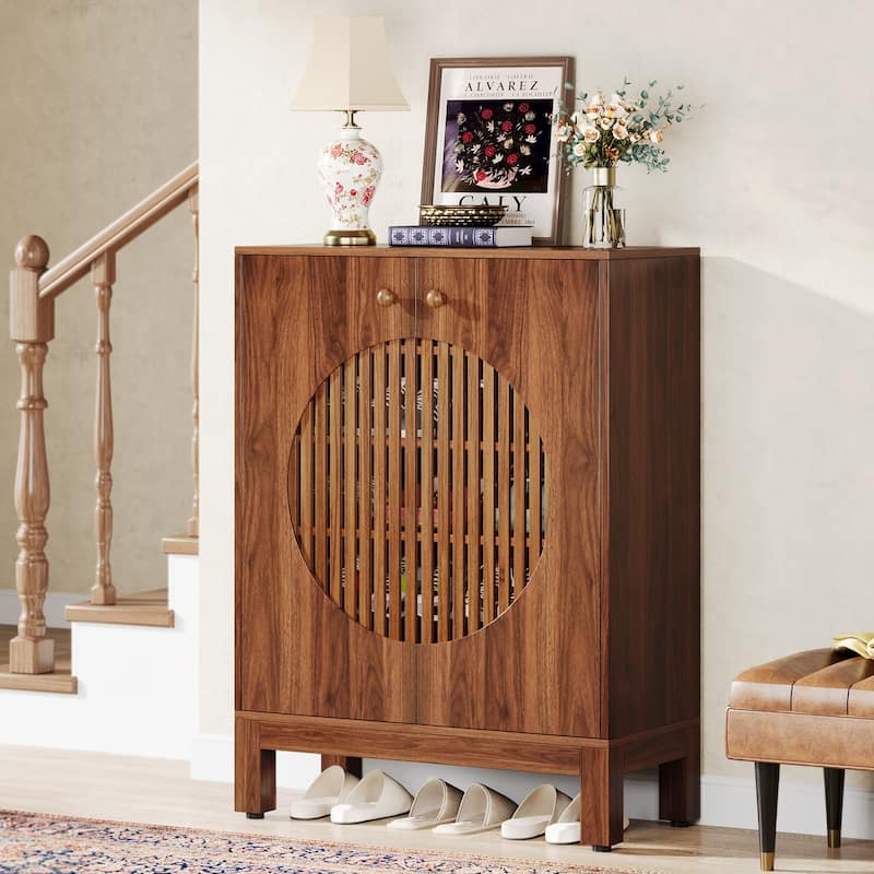 5-Tier Shoe Cabinet with Doors, Wood Shoe Storage Cabinet for Entryway