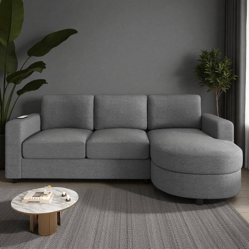 84.6" Modern L-Shaped Sectional Sofa with Curved Chaise Lounge, USB Ports and Storage Pockets, Chenille Couch for Living Room
