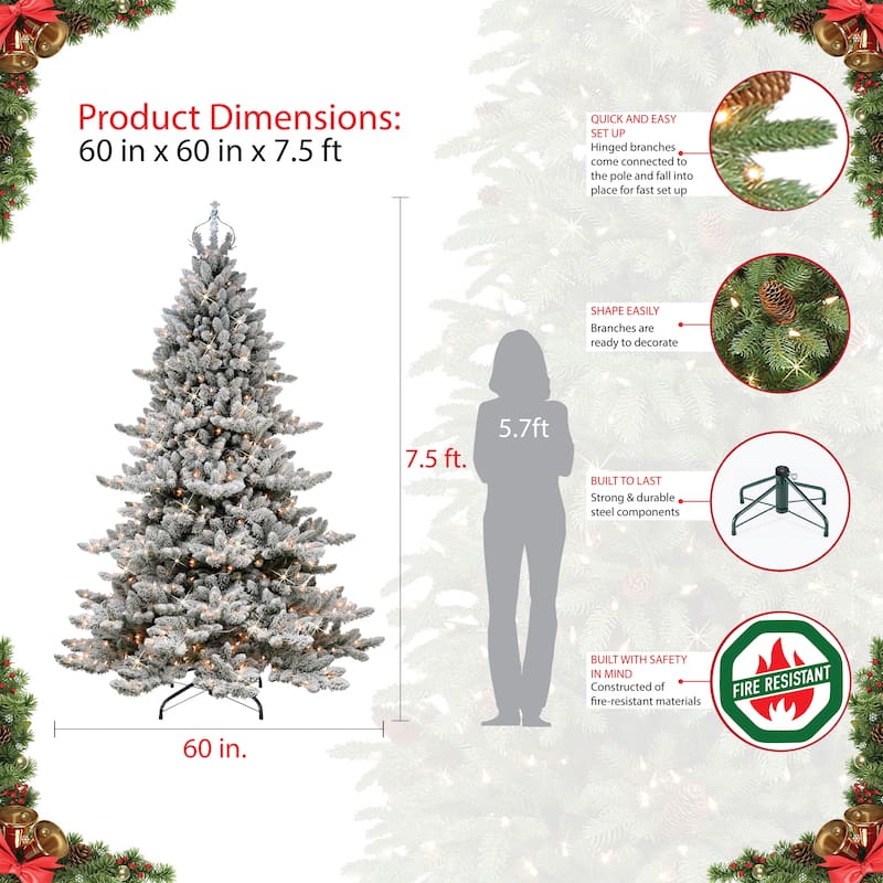 Puleo International 7.5 ft Pre-lit Flocked Royal Majestic Spruce with Silver Crown Artificial Christmas Tree