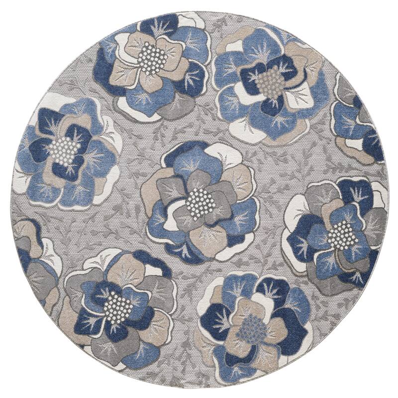 Domani Napa Modern Bloom Indoor / Outdoor Area Rug - 7'10' Round - Blues
