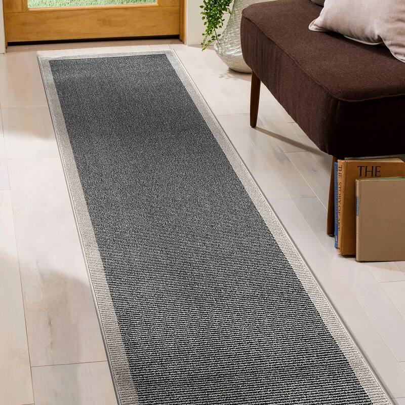Modern Geometric Stripe Bordered Area Rug for Living Room, Bedroom, or Entryway - Low Pile Indoor Rug - Black - 2' 3" x 8'