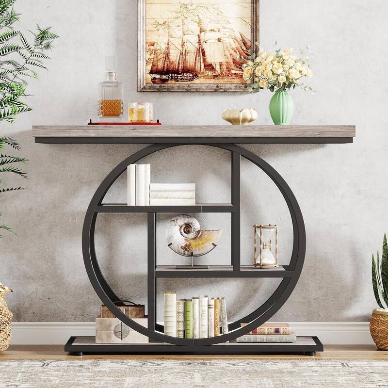 41.3 Inches Industrial 4-Tier Console Table with Circle Base for Living Room, Hallway, Foyer