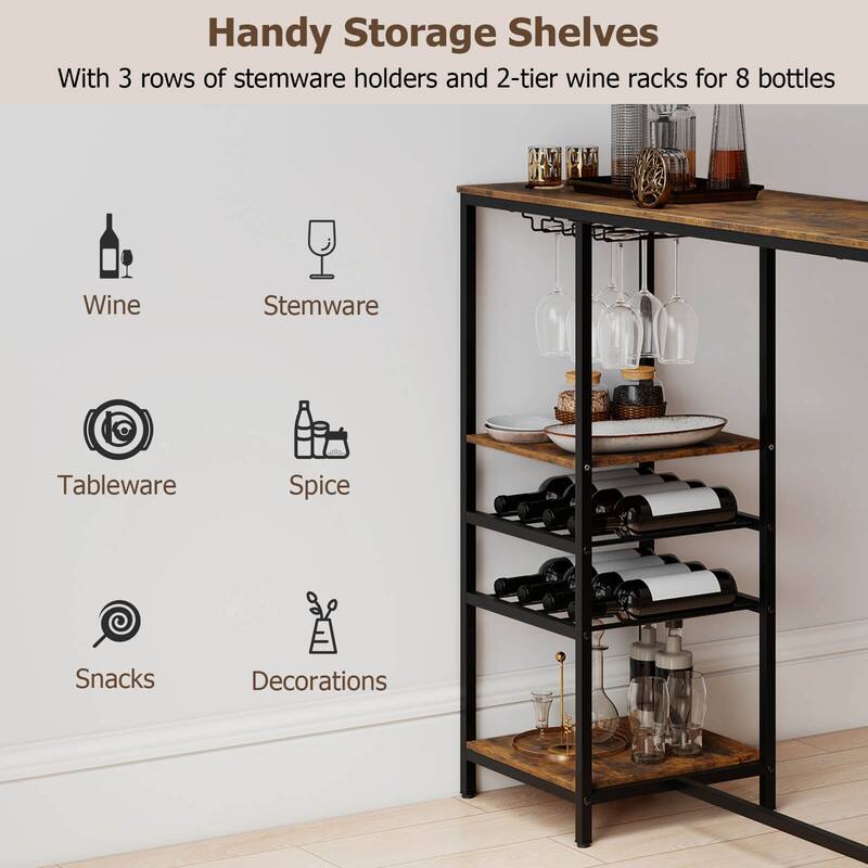 Costway 48" Long Bar Table with Storage Shelves Wine Racks & Stemware - Rustic Brown + Black - See Details