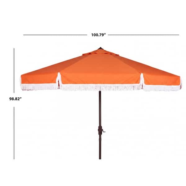 dimension image slide 4 of 5, SAFAVIEH Milan 9ft Round Outdoor Patio Umbrella with Fringe Trim - UV Resistant, Crank Lift & Button Tilt