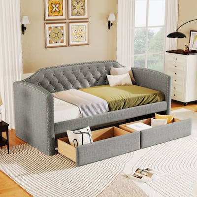 Twin Size Upholstered Daybed with Drawers for Guest Room, Small Bedroom, Study Room