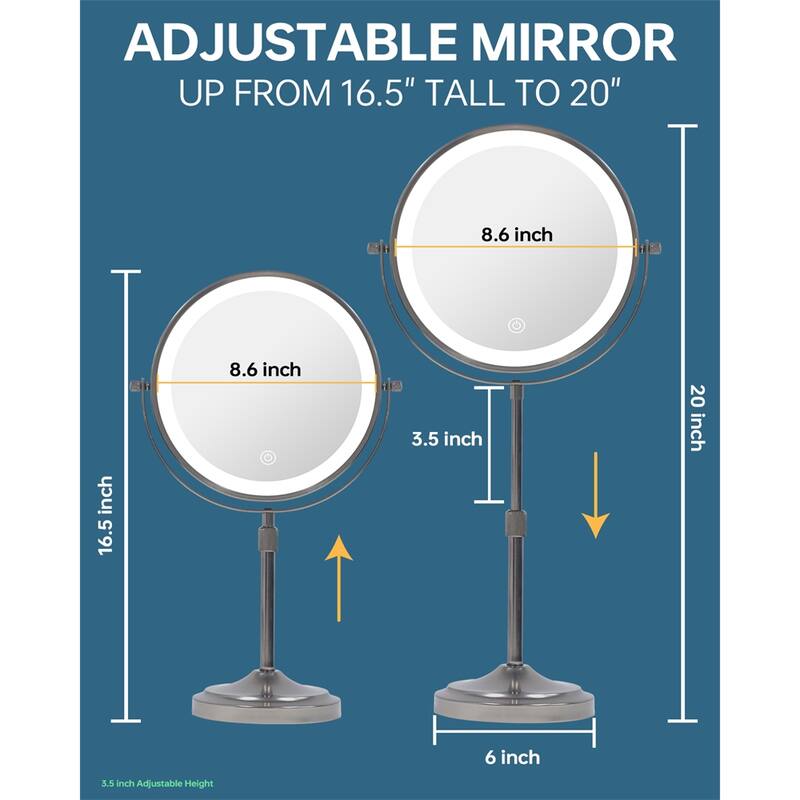9" Lighted Makeup Double Sided 1X/10 Magnification Mirror, 3 Lighting
