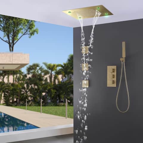 LED 4-Way Complete Rain and Waterfall Shower System with 3 body Jets and High-pressure Handheld, Ceiling Mounted