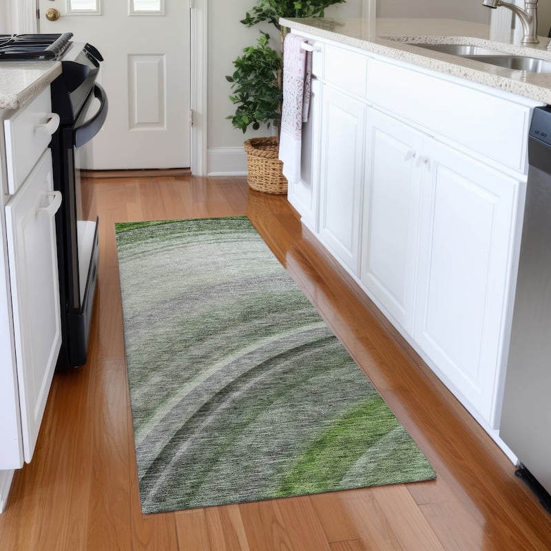 Machine Washable Indoor/ Outdoor Chantille Abstract Wave Rug - Green - 2'3" x 7'6"