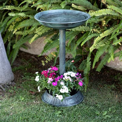Alpine Corporation 25" Tall Outdoor Birdbath with Planter Yard Statue, Green