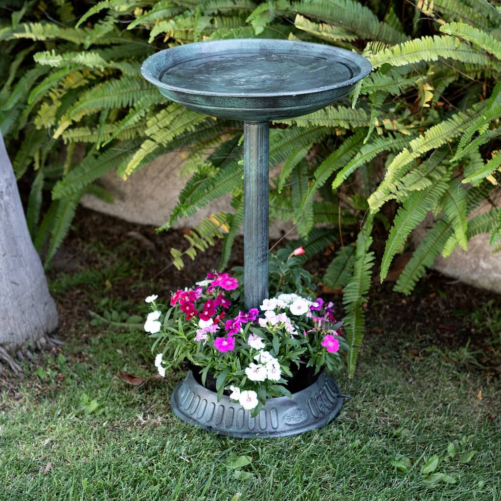 Alpine Corporation 25" Tall Outdoor Birdbath with Planter Yard Statue, Green