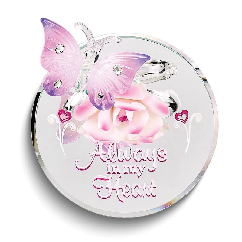 Curata Always in My Heart Butterfly and Pink Rose Handcrafted Glass Figurine