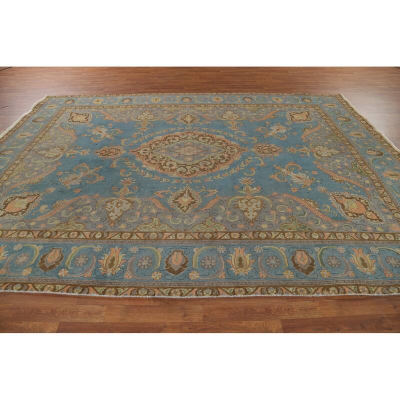 Blue Tabriz Persian Vintage Rug Hand-Knotted Traditional Wool Carpet - 8'6"x 11'10"