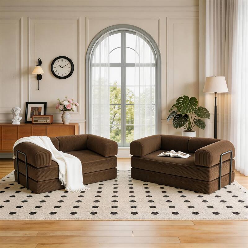 2 Set Corduroy Large Couch Convertible Floor Sofa Bed Sleeper - Brown