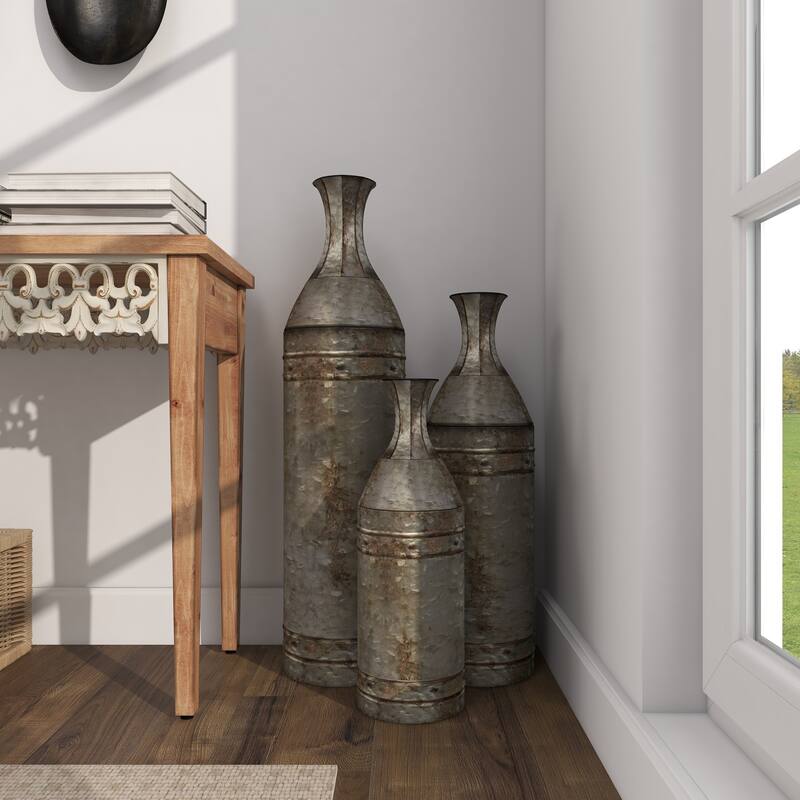 Gray Metal Handmade Tall Galvanized Floor Decorative Vase with Studs (Set of 3)