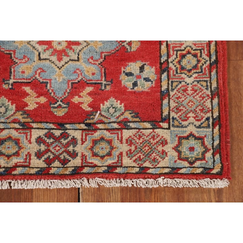 Geometric Red Kazak Runner Rug Handmade Wool Carpet - 2'2" x 5'11"