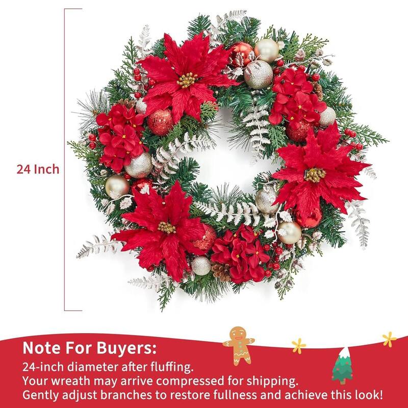 24 Inch Christmas Wreath with Lights Red Berries and Gold Ornaments - N/A