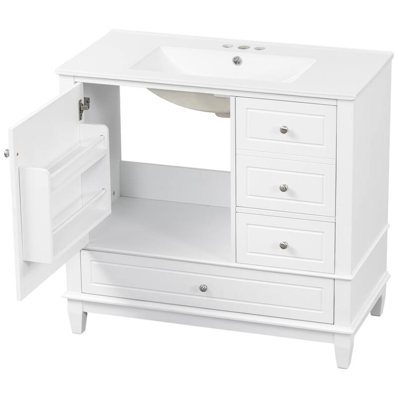 36" Bathroom Vanity with Ceramic Sink - MDF & Solid Wood Base, 3 Drawers & Storage Cabinet, Freestanding Design, 4" Faucet Holes