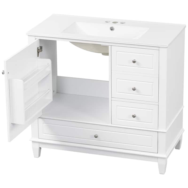 36"Bathroom Vanity with Ceramic Sink, 3 Drawers & Cabinet with Shelves, Freestanding Vanity Cabinet with 4-Inch Faucet Holes