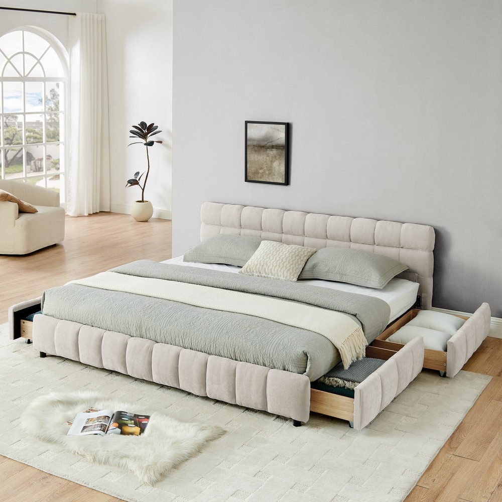 Block Thick Chenille Low Profile Platform Bed Fabric Upholstered Bedframe with Headboard Solid Wood Frame - Optional Storage Bed