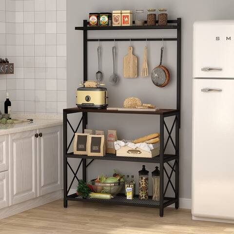 Kitchen Baker's Rack with 5 Hooks, Modern Industrial Microwave Oven Stand Rack Organizer