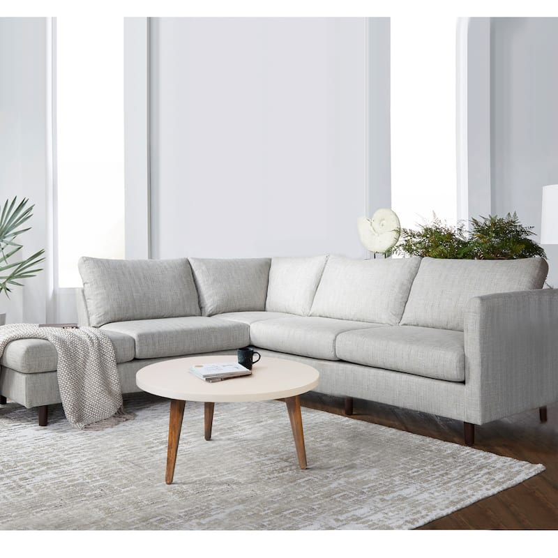 24 Inch Modern Coffee Table, Round Off White MDF Top, Tapered Brown Mango Wood Legs