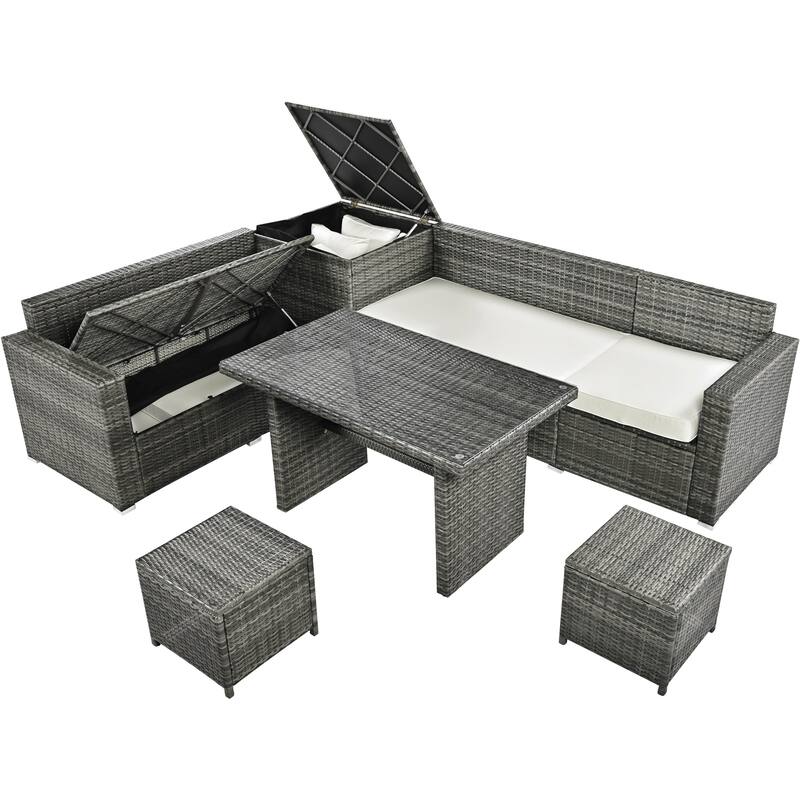 Roomfitters 6-Piece All-Weather PE Rattan Patio Sofa Set with Adjustable Seats, Storage Box and Glass Top Table