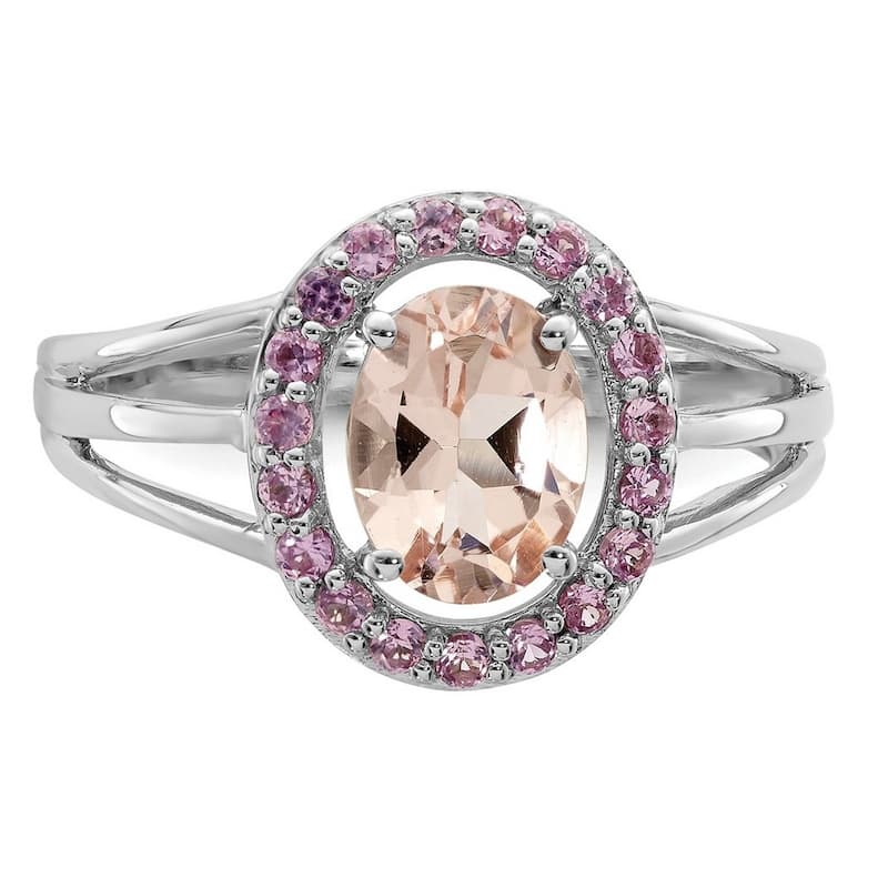 Curata 925 Sterling Silver Polished Open back Morganite and Pink Sapphire Oval Ring