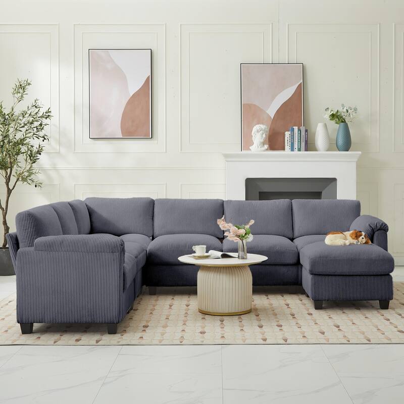 Corduroy Corner Sectional Sofas with a Removable Ottoman, L-shaped Reversible 7-seat Modular Couch