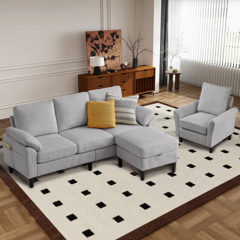 3 Pieces Corduroy Living Room Set with Sectional Sofa, Ottoman and Chair