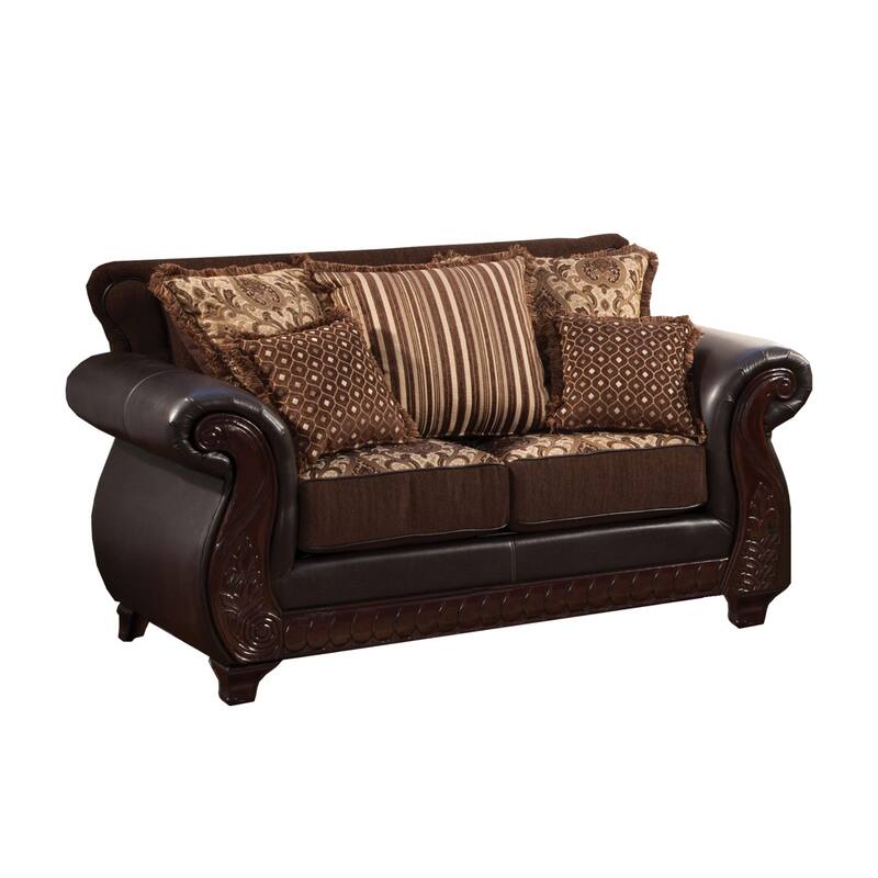 Fabric and Leatherette Loveseat with Rolled Arms in Dark Brown