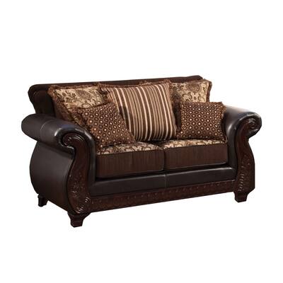 Fabric and Leatherette Loveseat with Rolled Arms in Dark Brown