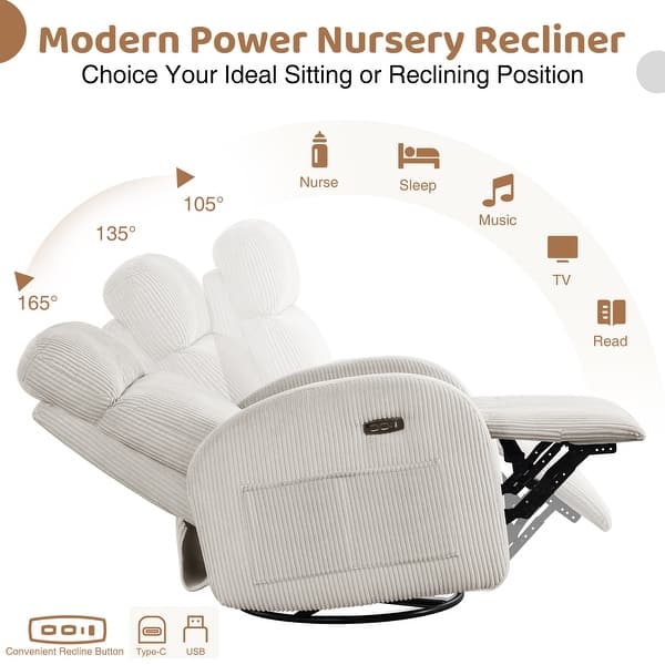 dimension image slide 8 of 12, Power Swivel Rocker Glider Nursery Recliner with USB Port Set of 2