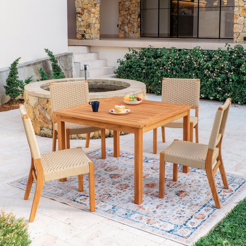 Cambridge Casual Zephyr 5-Piece Teak Patio Dining Set with Woven Rope Chairs - Tan