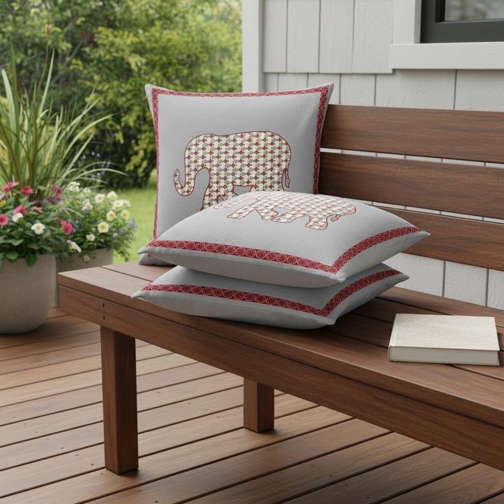 HomeRoots Set of Two 16" X 16" Gray and Red Elephant Blown Seam Animal Print Indoor Outdoor Throw Pillow