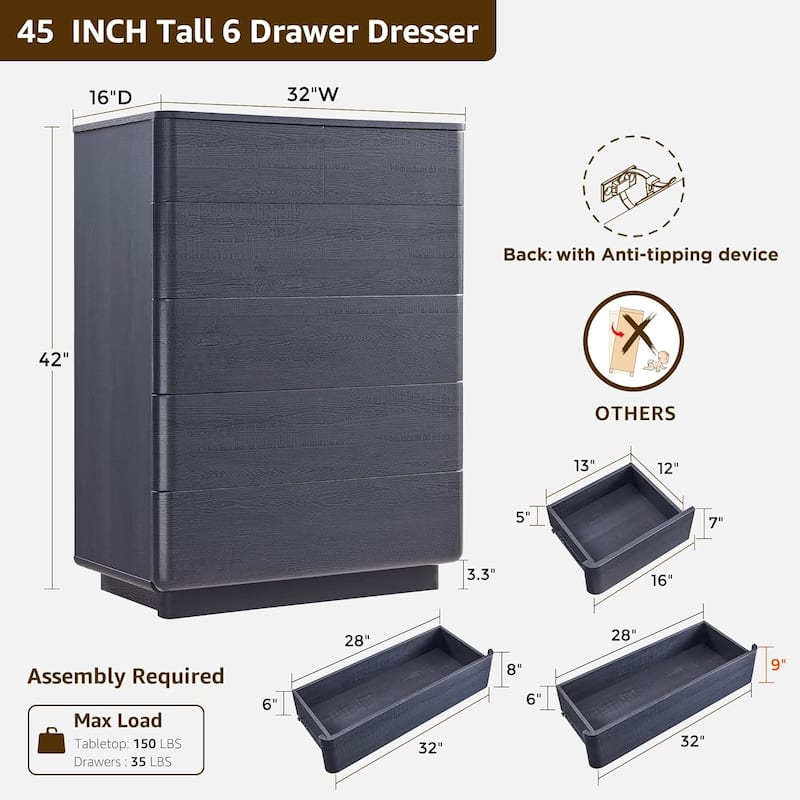 Modern 6 Drawer Dresser for Bedroom, Handle-less Wooden Dressers
