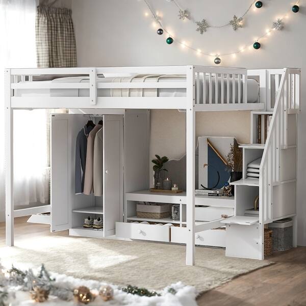 slide 2 of 9, White Full Size Loft Bed Frame with Wardrobe, Safe Low Storage Table and Storage Staircase White