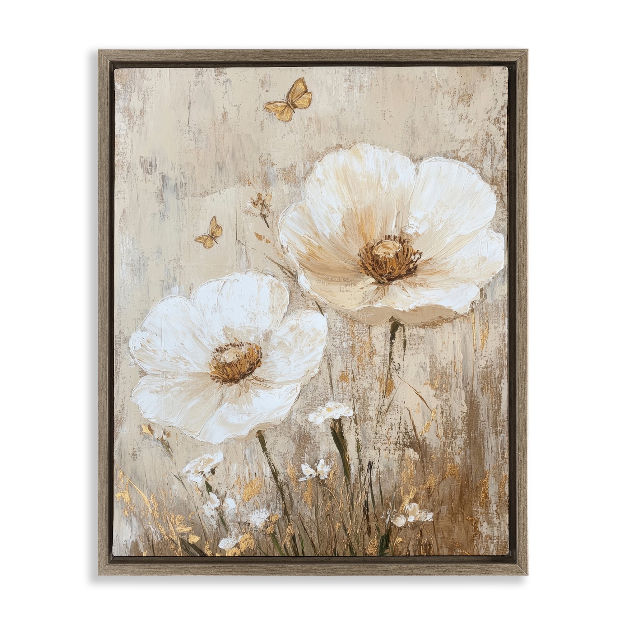 Stupell Ivory Florals and Butterfly Framed Floater Canvas Wall Art Design By Petal Prints Design