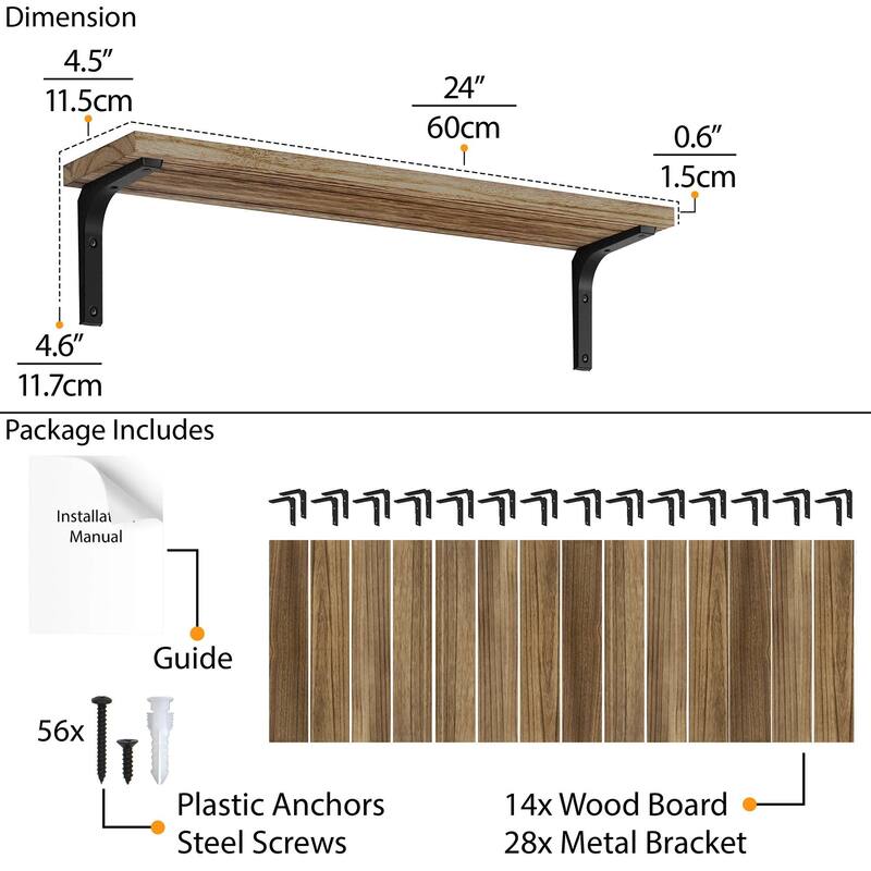 Wallniture Nola 24" Floating Shelves for Wall Decor, Wood Shelves for Living Room, Office, Kitchen Storage Shelves, 14 Pcs