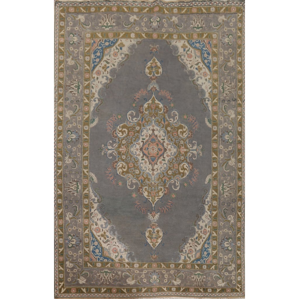 Gray Tabriz Vintage Persian Area Rug Hand-Knotted Wool Carpet - 6'6" x 9'8"