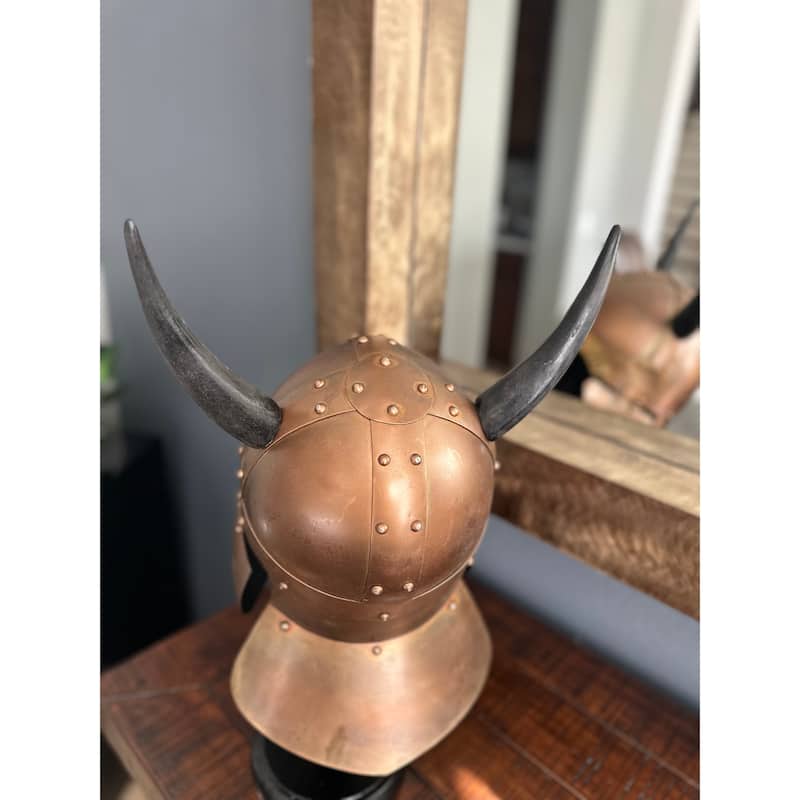 Horned Authentic Medieval Viking Iron Helmet Replica with Display Stand - N/A