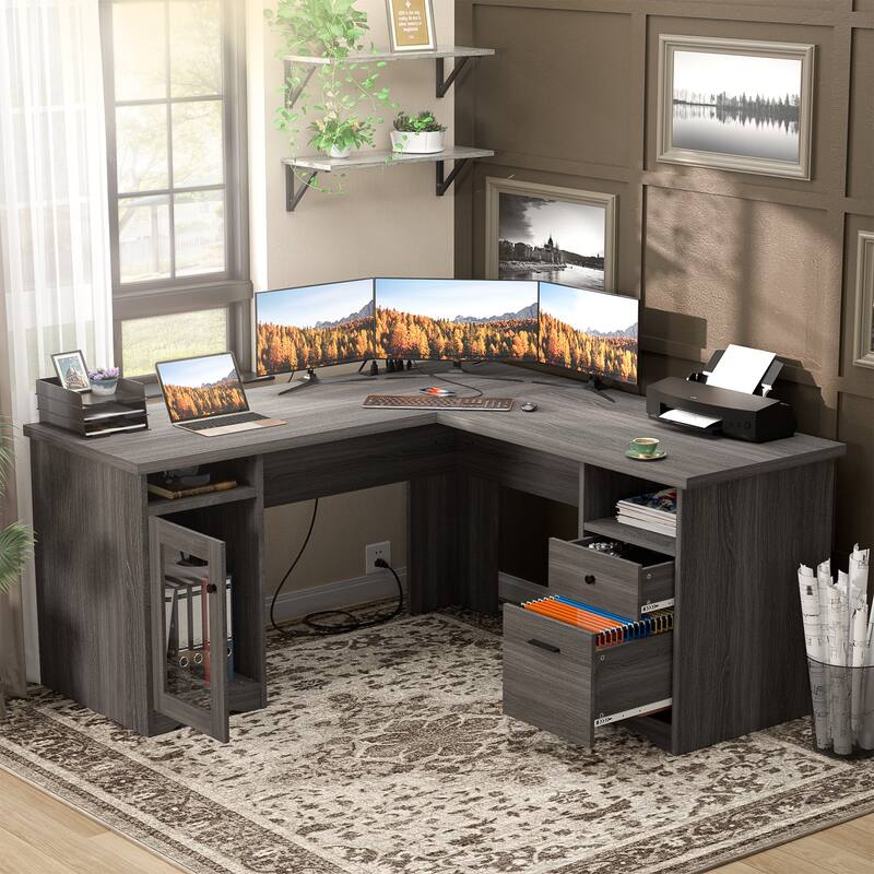 Modern Farmhouse L-Shape Desk with File Cabinet and Drawers, Homer Office Executive Desk with Charge Station