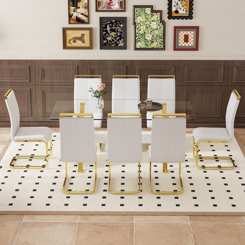9-Piece Glass Dining Table Set for 8, 71" Rectangular Table with Gold Metal Base, 8 PU Dining Chairs for Kitchen, Dining Room